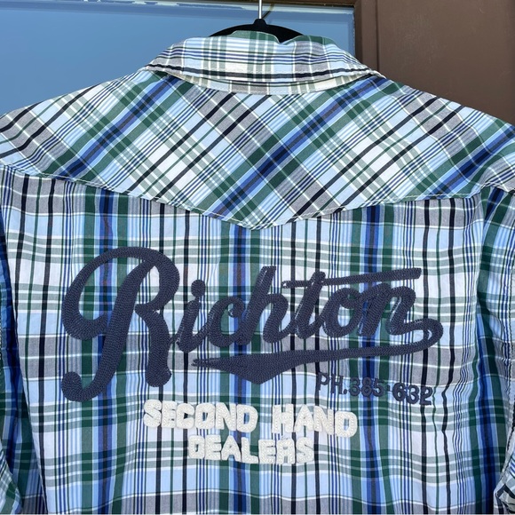 Scotch & Soda Western White/Blue/Green Plaid Full-Snap Scrunched Sleeve Shirt L - Picture 8 of 12